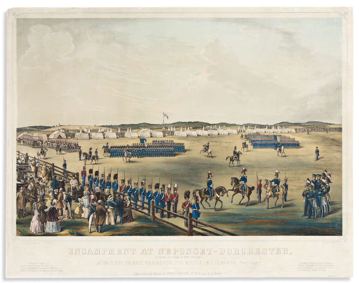 (COMMERCE & EXPANSION.) G. Pfau, lithographer; after S. Rowse. Encampment at Neponset-Dorchester . . . of the First Brigade